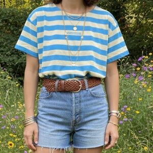 Vintage Emanuelle Striped Tee Blue & Yellow Short Sleeve (S/M)